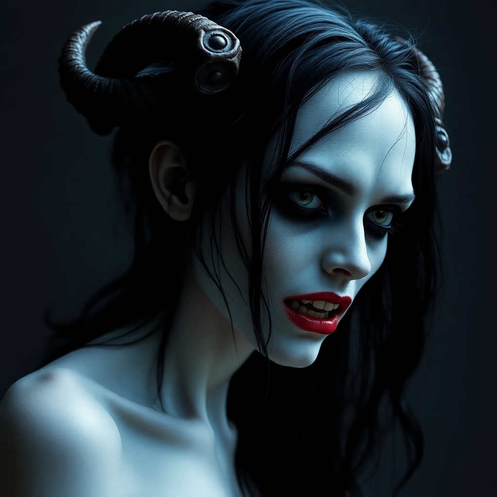 A porcelain-skinned undead woman with dark black hair, red lips and a haunting, hungry nature. She has no horns.