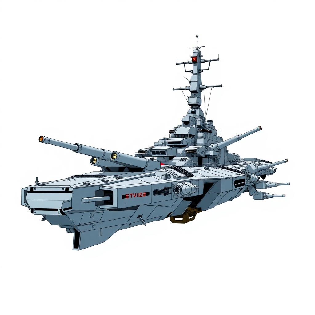 one, robotech style, Soviet, Sci-Fi, Space aircraft carrier, battleship gun turrets, on a white background