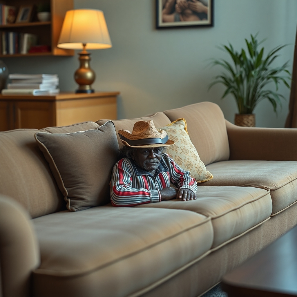 photograph, candid shot, famous randomly couch and randomly finished with randomly opussums, center point for a opussum wearing a hat, Use camera is Canon EOS 5D Mark IV with a Canon EF 24mm f/1. 4L II USM lens, set at aperture f/2. 8 for a depth of field that highlights the furniture clean lines with rich and many detail, randomly color and finished, soft ambient light, studio light setting, ultra realistic, UHD, many details