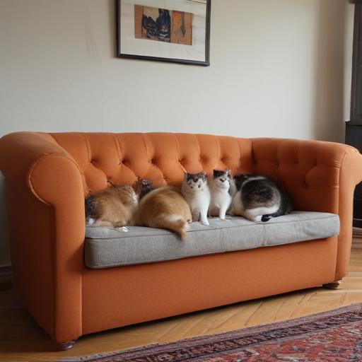 photograph, candid shot, famous randomly couch and randomly finished with randomly cats, center point for cat, Use camera is Canon EOS 5D Mark IV with a Canon EF 24mm f/1. 4L II USM lens, set at aperture f/2. 8 for a depth of field that highlights the furniture clean lines with rich and many detail, randomly color and finished, soft ambient light, studio light setting, ultra realistic, UHD, many details