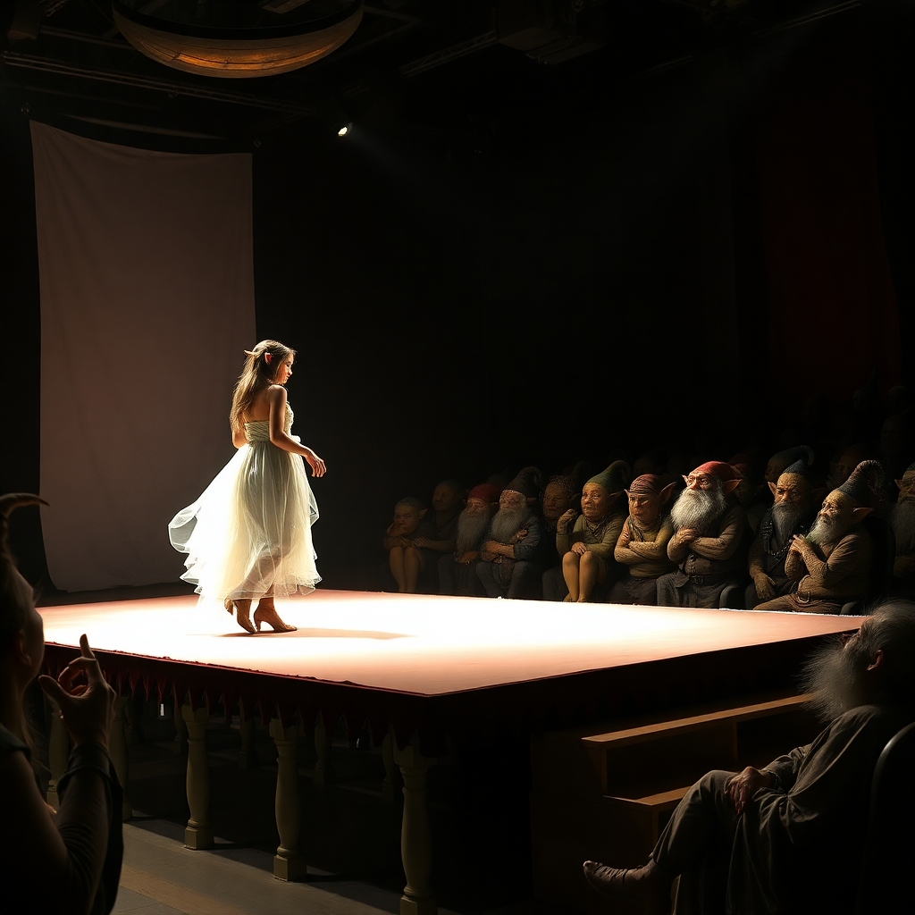 A fantasy themed fashion show. A brightly lit female elf model on a raised catwalk wearing a gossamer dress while an audience of goblins, gnomes and trolls leer at her from their chairs in the shadows around