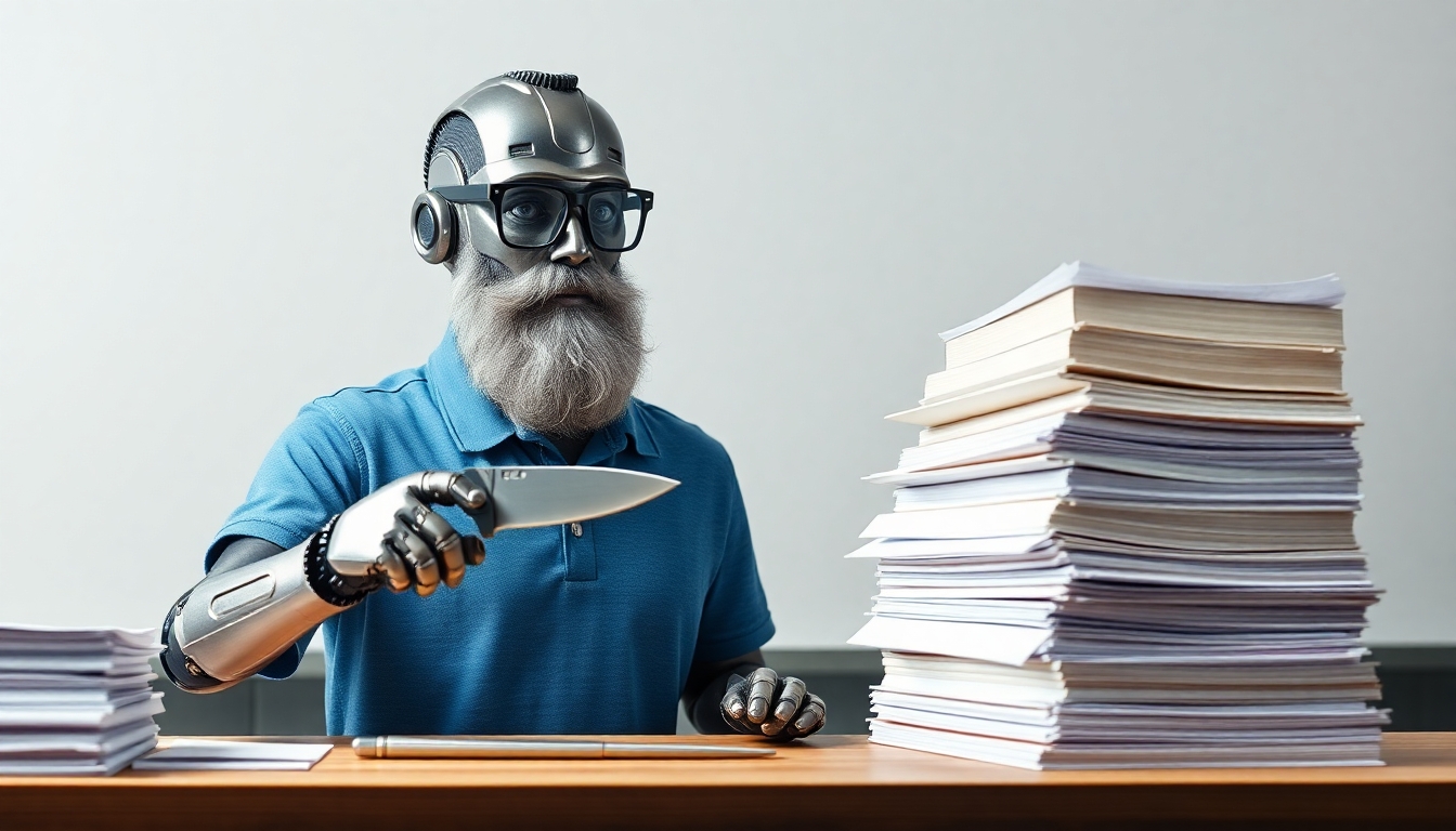 A metal robot with a thin beard that is partially grey, wearing eye glasses and a blue polo shirt is standing at a cooks chopping table facing forward. On his right are a pile of bound notebooks. On his left is a smaller pile of neatly stack paper. He is holding a Multi-Function knife, like a Swiss Army knife or a Leatherman multi tool, in his left hand and a binder from the pile on his right in his right hand. The stack of binders is higher than the stack of papers. His hands are in a blur, indicating he is reducing the binders to simple paper very quickly.