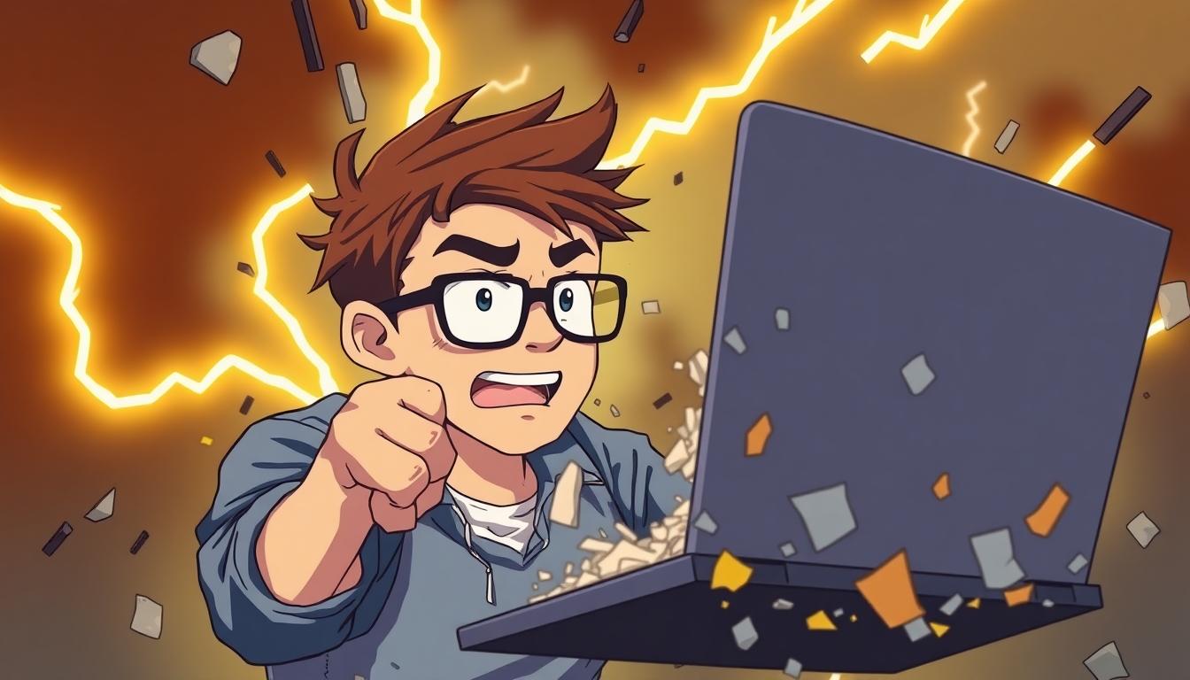 A software developer with short brown hair and glasses smashing his laptop with an axe.