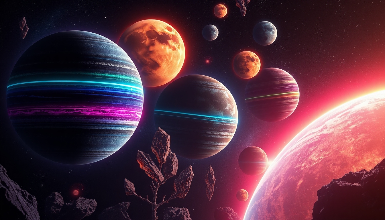 create a universe of planets including planets with bands made of different crystals