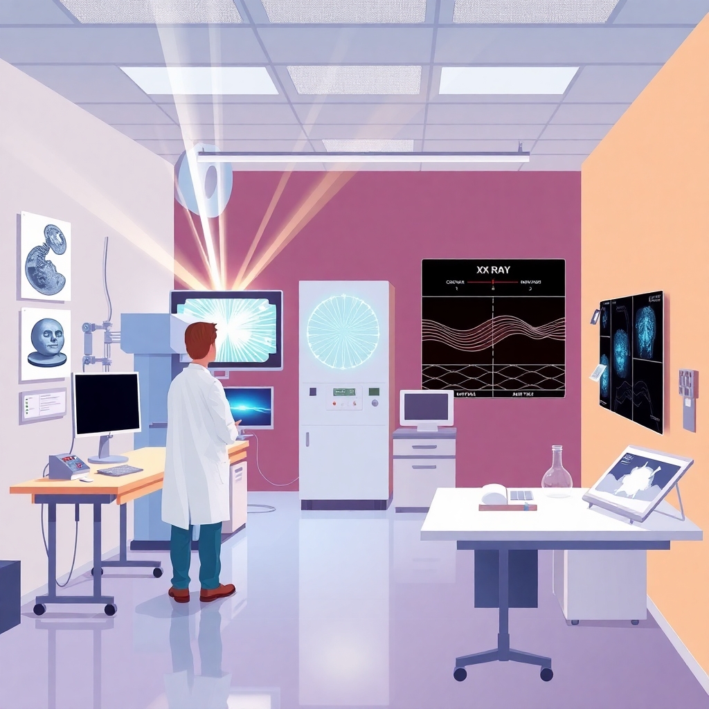 A full scene modern flat vector editorial illustration depicting the fundamentals of X‑ray radiation in an accessible, visually clear way. The environment is a realistic scientific interior space, such as a physics laboratory or medical imaging room, with clearly visible walls, floor, equipment, and ambient lighting. The scene includes a researcher or technician standing beside an X‑ray machine or experimental setup, examining a monitor that displays stylized X‑ray patterns, CT‑scan slices, or crystal diffraction imagery. Surrounding elements include lab tables, cables, detectors, shielding panels, and scientific tools, all integrated naturally into the environment.  Subtle visual metaphors appear within the scene without becoming abstract: soft glowing beams representing invisible high‑energy light, gentle wave‑like gradients showing electromagnetic radiation, and a comparison panel on the wall illustrating how X‑rays interact with matter—bones, materials, or cosmic sources. The composition also hints at broader applications: a small poster showing a star emitting energetic radiation, a metal component under inspection, and a medical X‑ray image pinned to a lightbox.  Style: modern flat vector illustration, smooth shapes, soft gradients, slight depth, clean editorial design. Color palette: deep indigos, cool blues, soft violets, muted neutrals, subtle luminous accents to evoke invisible high‑energy light.  CRITICAL: full scene composition with a complete environment. The background must be part of the scene with clearly visible environment elements such as walls and floor. The image must be fully filled edge‑to‑edge. Absolutely no white background anywhere in the image. No blank or empty areas. No isolated objects. No floating composition. No transparent background. The background is not a studio backdrop, it is a real environment.  No text, no watermark.