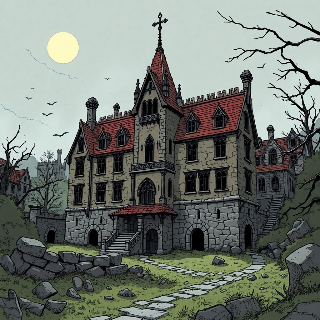 A ruined noble estate in the city of Mordheim drawn in a comic gothic style.