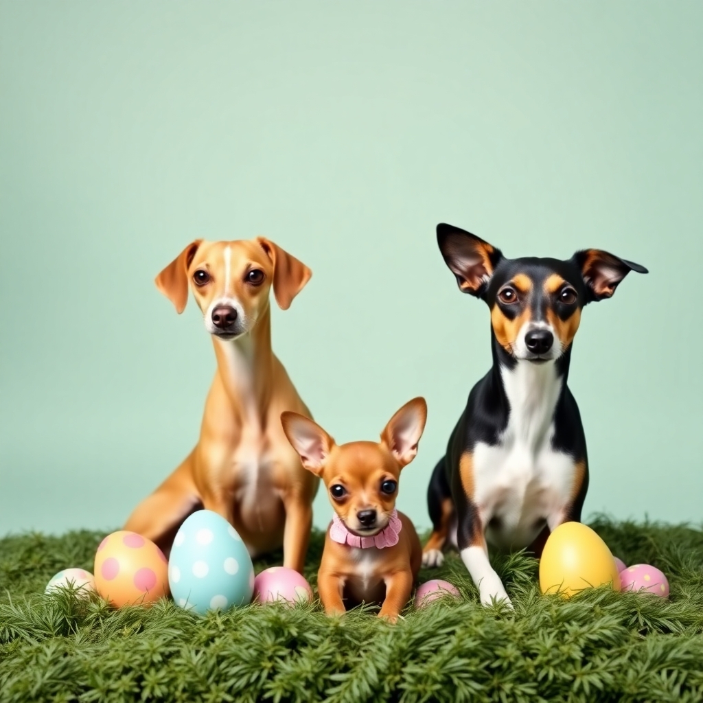 2 Saluki dogs. One fawn and one black, tan and white, and one Chihuahua in an Easter themed photo