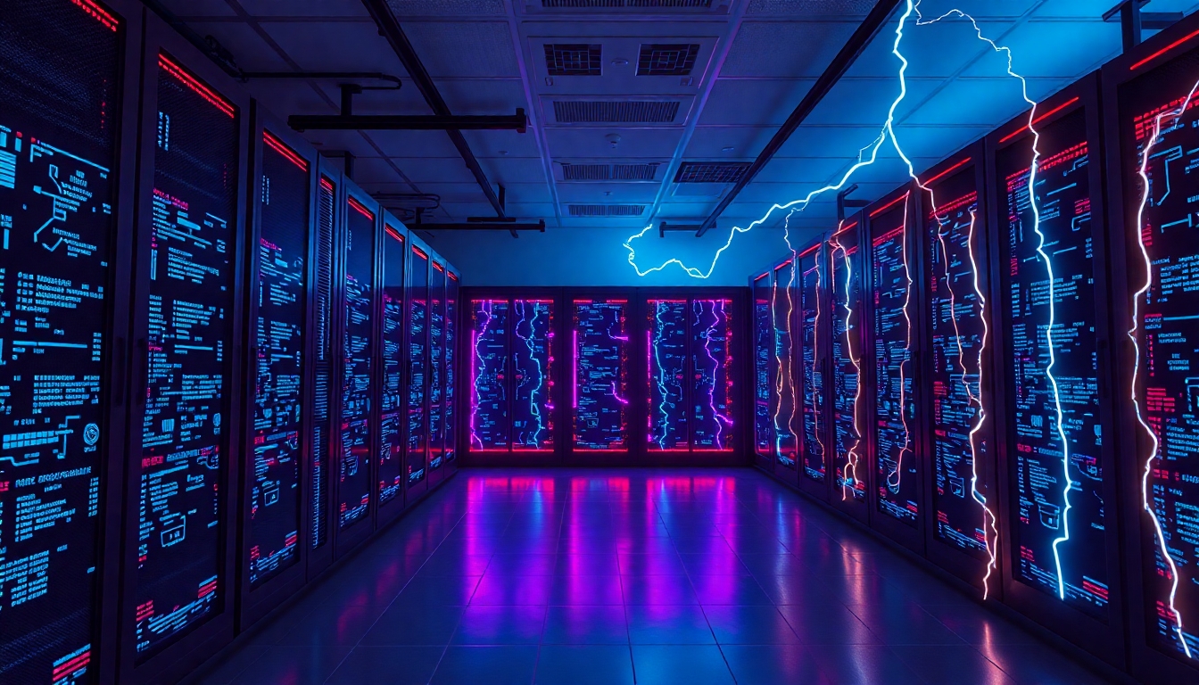 A Server room with dimmed light, screens with matrix-like content.