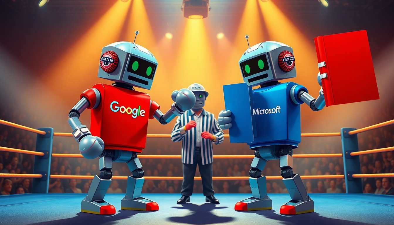 Create a vibrant, eye-catching illustration of two classic Rock'em Sock'em-style robots in a boxing ring. One robot is wearing a Google-branded T-shirt, and the other is wearing a Microsoft-branded T-shirt. Instead of boxing with their fists, each robot is wielding a large, colorful notebook binder as a playful weapon. One binder is blue, the other is red. The scene is being refereed by a third robot, styled in a neutral metallic color, wearing a hat with the Perplexity logo clearly visible. The atmosphere should be energetic and fun, with the boxing ring set under bright lights and a lively, tech-inspired audience in the background. The overall style should be polished, modern, and suitable for use in a professional technology blog or publication. Avoid using any copyrighted logos; use suggestive branding (such as color schemes and general design elements) to represent Google, Microsoft, and Perplexity.