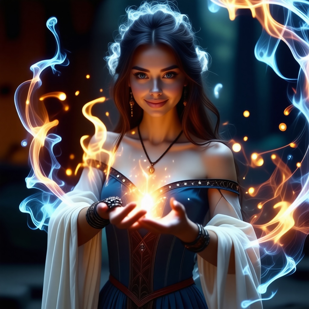A stunning slim female wizard stands poised in a magical dark fantasy realm, casting a mesmerizing spell with elemental energies swirling around her. She wears an alluring off-shoulder costume adorned with elaborate rings, showcasing intricate details and textures. Her beautiful, fair skin glows under soft, ethereal lighting, emphasizing her enchanting blue eyes and captivating smile. Elements of fire, water, wind, and ice dance in a perfect dynamic composition, creating a breathtaking, ultra high-resolution masterpiece.