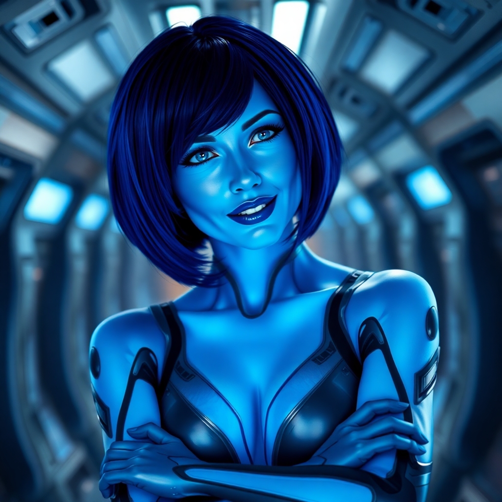 Photorealistic picture of someone cosplaying as Cortana from Halo. She is tall, large chest  and has blue holographic skin. Her dark blue hair is cut in a short bob. Her lips are a glossy, cobalt blue. Her eyes are a vibrant blue. She is in the hall of a starship. She bends towards you. She looks at you with a knowing, interested smile, arms crossed.