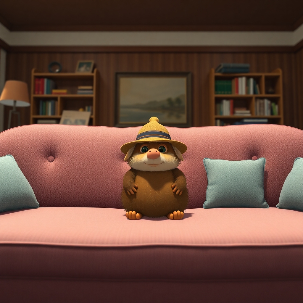 Studio Ghibli style, candid shot, famous randomly couch and randomly finished with randomly opussums, center point for a opussum wearing a hat, Use camera is Canon EOS 5D Mark IV with a Canon EF 24mm f/1. 4L II USM lens, set at aperture f/2. 8 for a depth of field that highlights the furniture clean lines with rich and many detail, randomly color and finished, soft ambient light, studio light setting, ultra realistic, UHD, many details