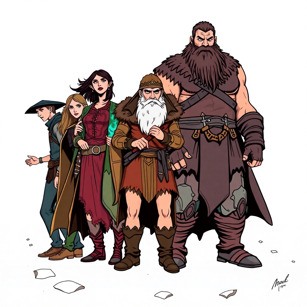 A five member dungeons and dragons adventuring party consisting of: A thin male elven rogue, a female half-elf cleric/warlock, a female half-elf sorceror/warlock, a short but wide male dwarven ranger, and a very tall male half-giant barbarian/paladin.