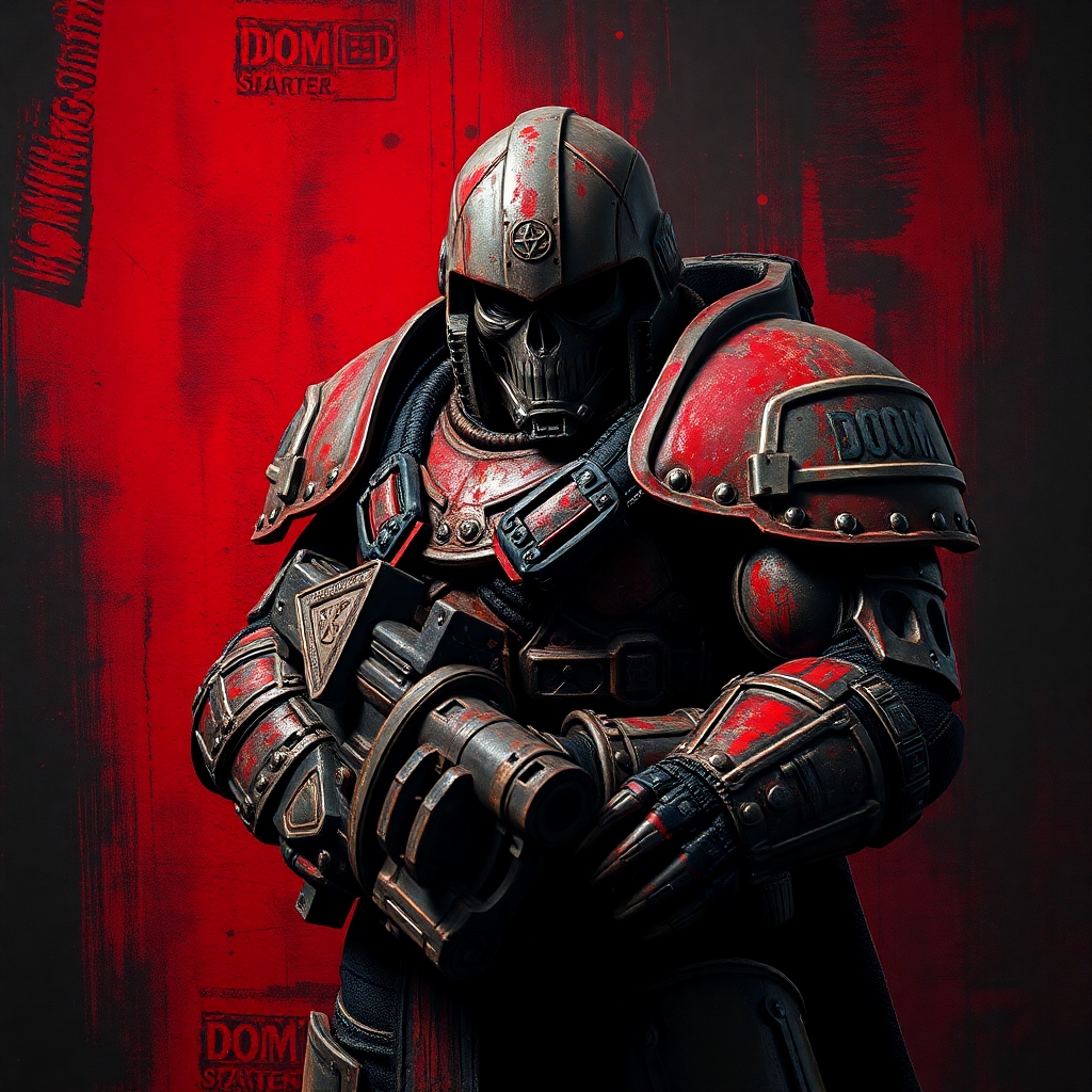 Professional photograph of space marine, DOOM, baroque, ancient, d&d, rusty armor, high values, cinematic lighting, blood splattered, thick brush strokes, abstract black and red background, extreme detail