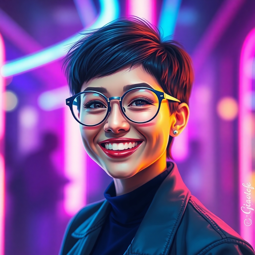 ((Fine art painting:1.5)), (((watercolor texture:1.8))), (cartoonish lines:1.7), ((color:2.0)), ((cinematic lighting:2.0)), ((expressive:1.5)), ((concept art:1:7)) ((depth of field:2.0)), ((atmospheric perspective:1.5)) A vibrant portrait featuring a young woman smiling brightly amidst a backdrop of colorful neon lights. She has short, stylish hair and wears large, round glasses that emphasize her expressive eyes. The setting exudes an energetic and futuristic vibe, enhanced by glowing lines in shades of pink, blue, and purple that create a dreamy atmosphere. The subject is positioned slightly off-center to draw the eye to her joyful expression and confident pose, which is relaxed yet engaging. The lighting is soft yet vivid, accentuating her facial features and skin tone, while adding depth to the composition. The blurred neon lights in the background create a sense of motion and excitement, enhancing the overall mood of youthfulness and positivity. The image captures a perfect blend of modern style and artistic flair, reminiscent of contemporary urban photography. Detailed attention is paid to contrasts, with warm skin tones glowing against the coolness of the neon colors, making for a striking visual narrative that invites viewers to immerse themselves in this lively scene.
