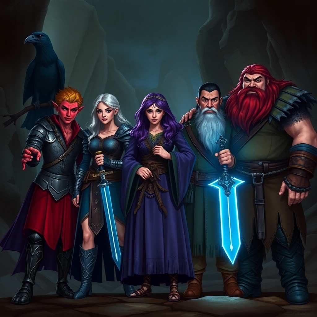 A five member dungeons and dragons adventuring party consisting of: A red-skinned thin male elven bard, a thin adrogynous female half-elf cleric/warlock wearing chainmail with a shadow raven familiar,  a curvy female half-elf warlock with purple hair wearing robes, a short but wide male dwarven ranger, and a very tall male half-giant barbarian/paladin.