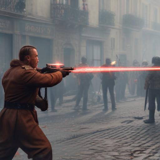 A human barbarian with a laser gun shooting Nazis in paris - large wide scale view showing the Nazis being shot - 1080x1920