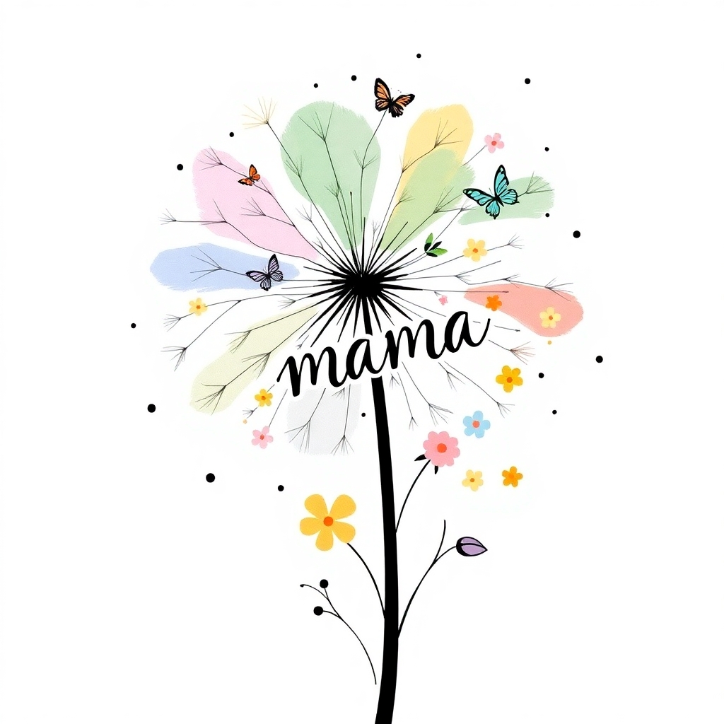 Whimsical hand-drawn illustration of a large dandelion flower bursting with colorful abstract petals and floating seeds. The dandelion is paired with delicate butterflies and small pastel-colored flowers in shades of sage green, soft lavender, coral pink, baby blue, and mustard yellow. The word ‘mama’ is written vertically in elegant black script, forming part of the flower stem. Black ink dots and playful lines are scattered throughout, creating a light, artistic, and heartwarming feel. The design is modern, minimalistic, and perfect for a Mother’s Day graphic on a white background.