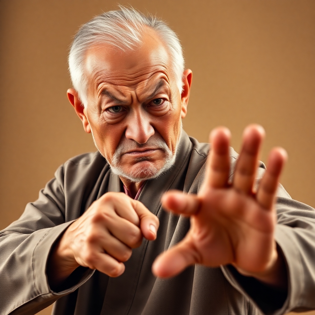 Old asian man with a funny face performing karate chop with a disgruntled face