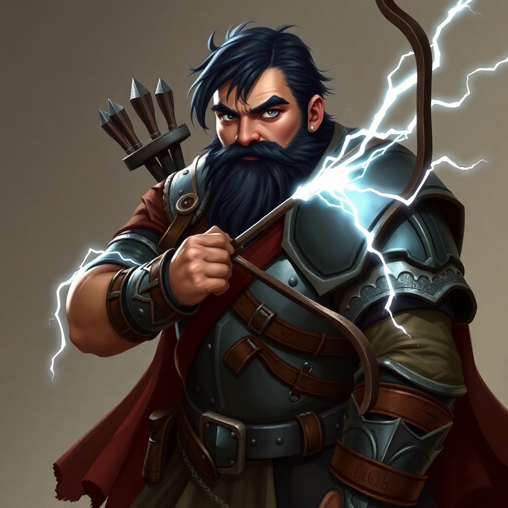 A dungeons and dragons character who is a dwarf ranger. He has a wide build, black hair, grey eyes, weilds a magical bow that creates lightning arrows, and wears a silver breastplate.