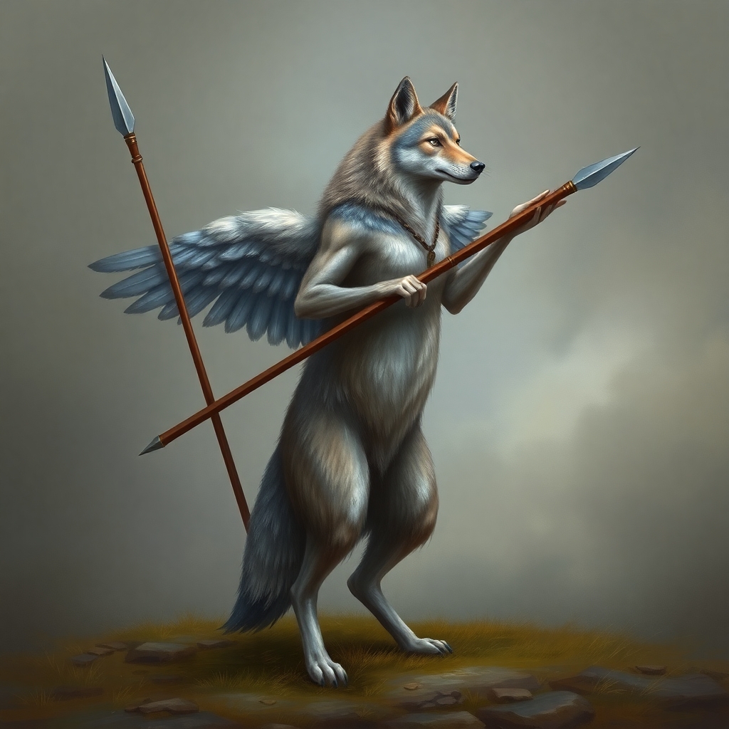 A wolf, obviously female, standing on its hind legs, like a woman, it has hands and arms instead of front paws, it holds a spear in one hand. On its back it has feathered wings spread, ready to fly. It's face appears intelligent