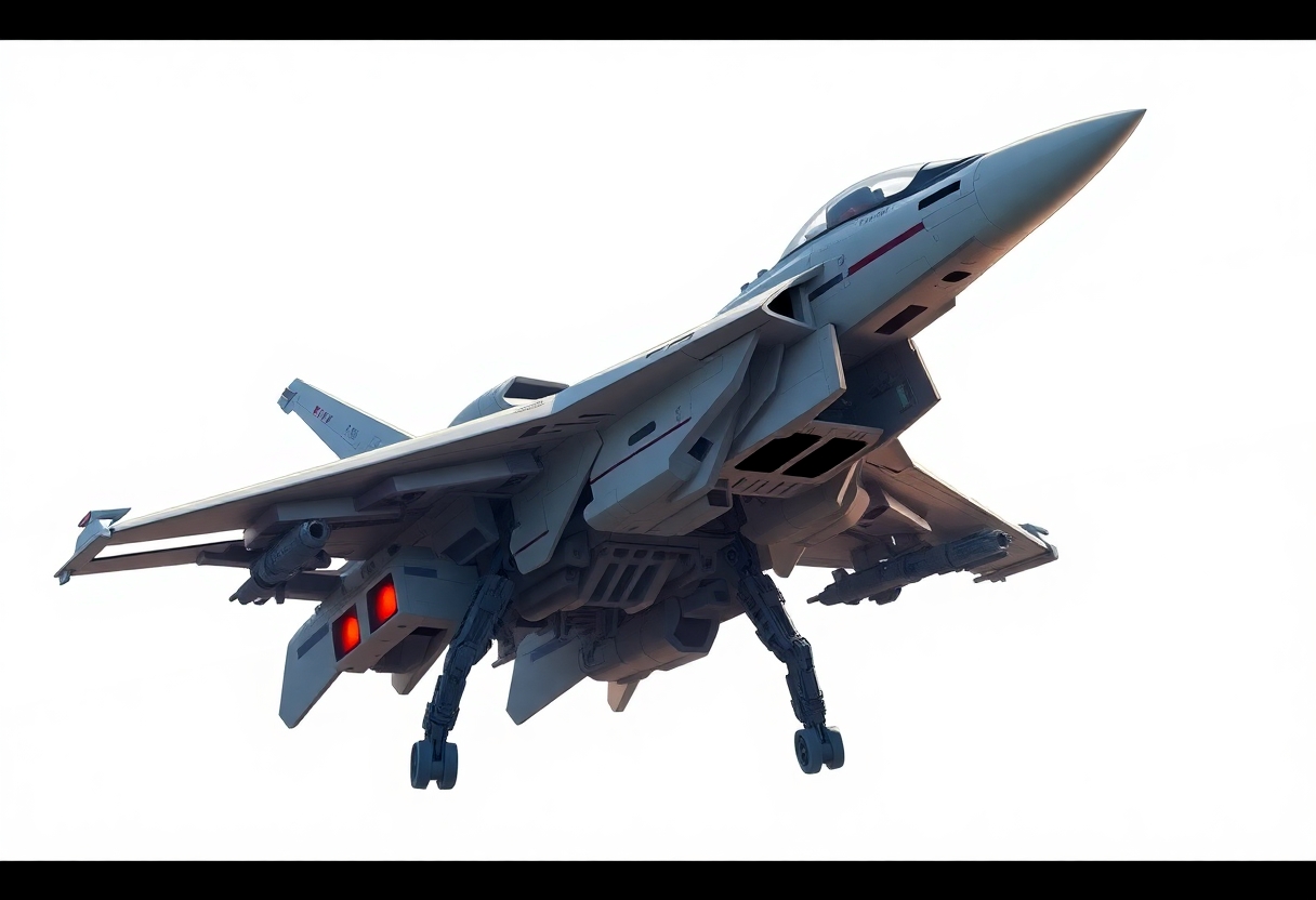 Chinese, Chengdu J-20 style, anime, laterally symmetrical, Macross Valkyrie, Gerwalk Mode, with arms & GU-11 Gun Pod,on a white background. No Multiple cockpits, no deformed legs