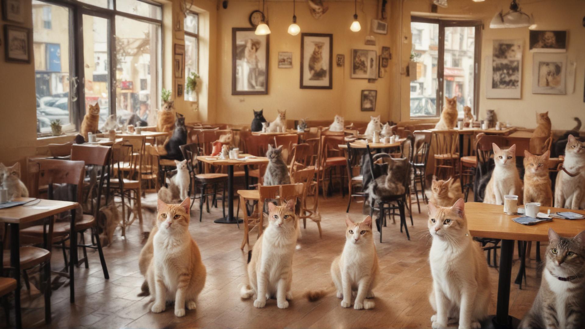 a cafe filled with cats as the patrons but with people as pets