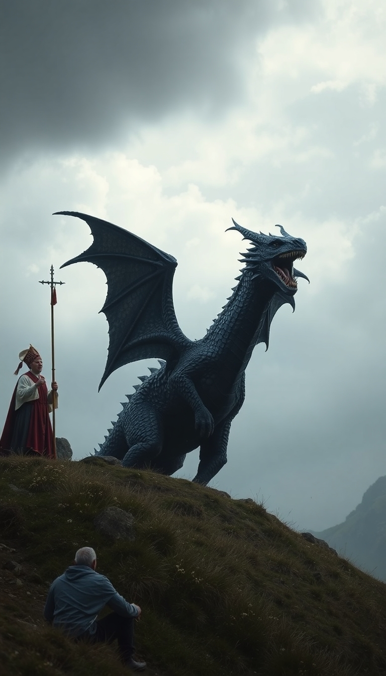A photo realistic picture of a dragon on an English hill being banished by a protestant Bishop.