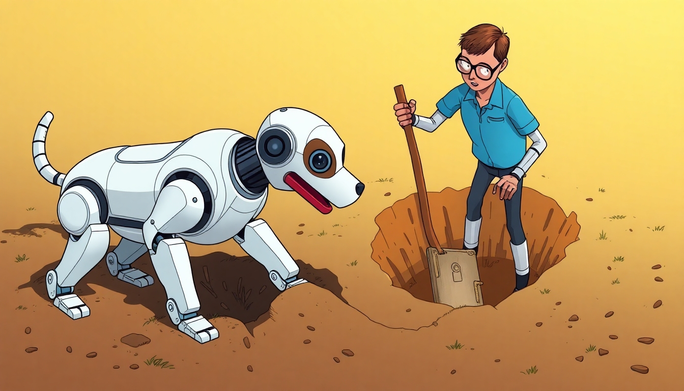 A robotic dog is digging a very deep hole to bury a computer hard drive while a robot wearing a blue polo shirt and glasses is digging a deeper hole in the ground to fill in the hole the robotic dog is making. The two holes are two meters apart from each other. Someone viewing the image will see the irony of a hole being made to fill a hole.