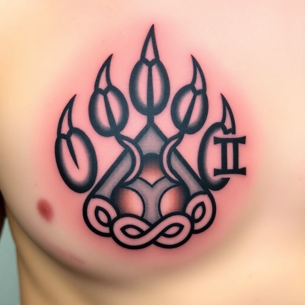 A German Celtic  bear paw tattoo with an alpha symbol on the right front pec  with a Gemini symbol in the center