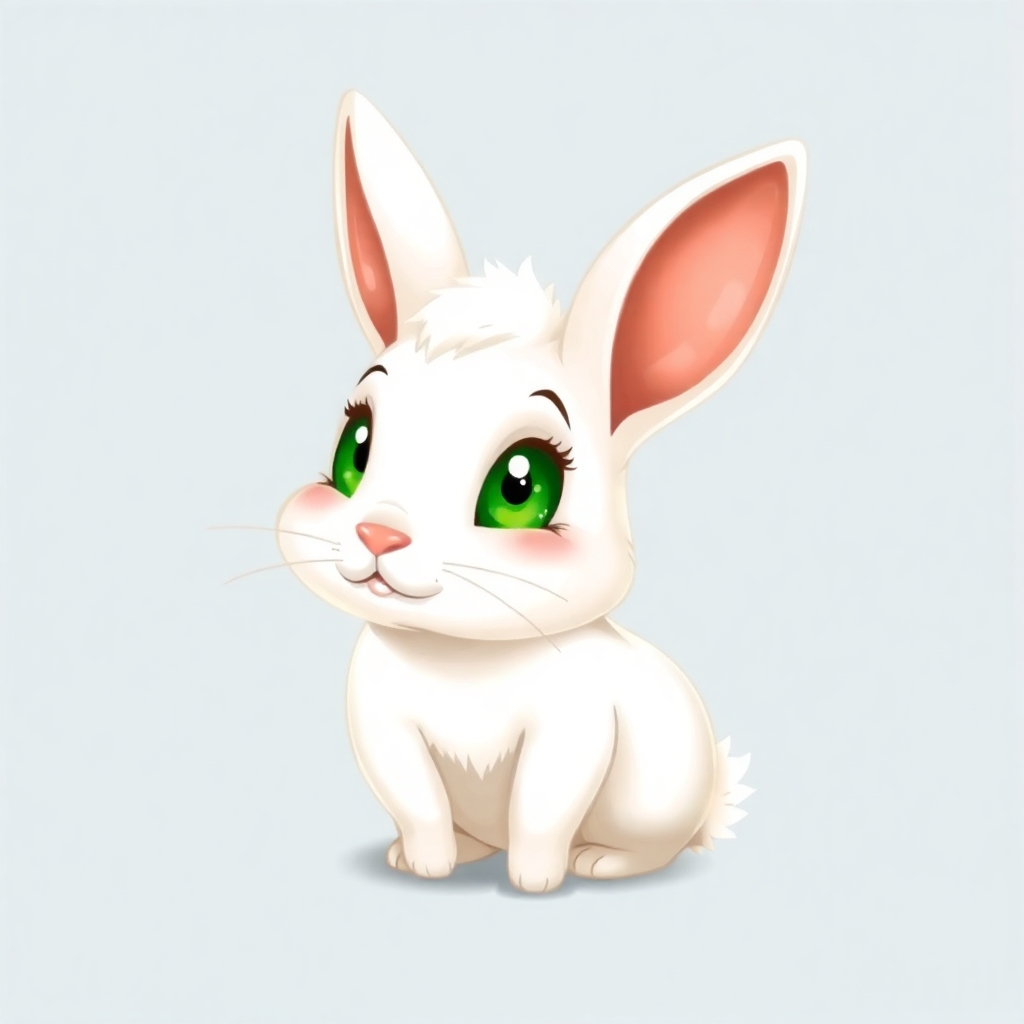 a cartoon drawn little white rabbit with green eyes. This is for a children's book so make him  for the reader to love and very detailed and expressive in his facial features