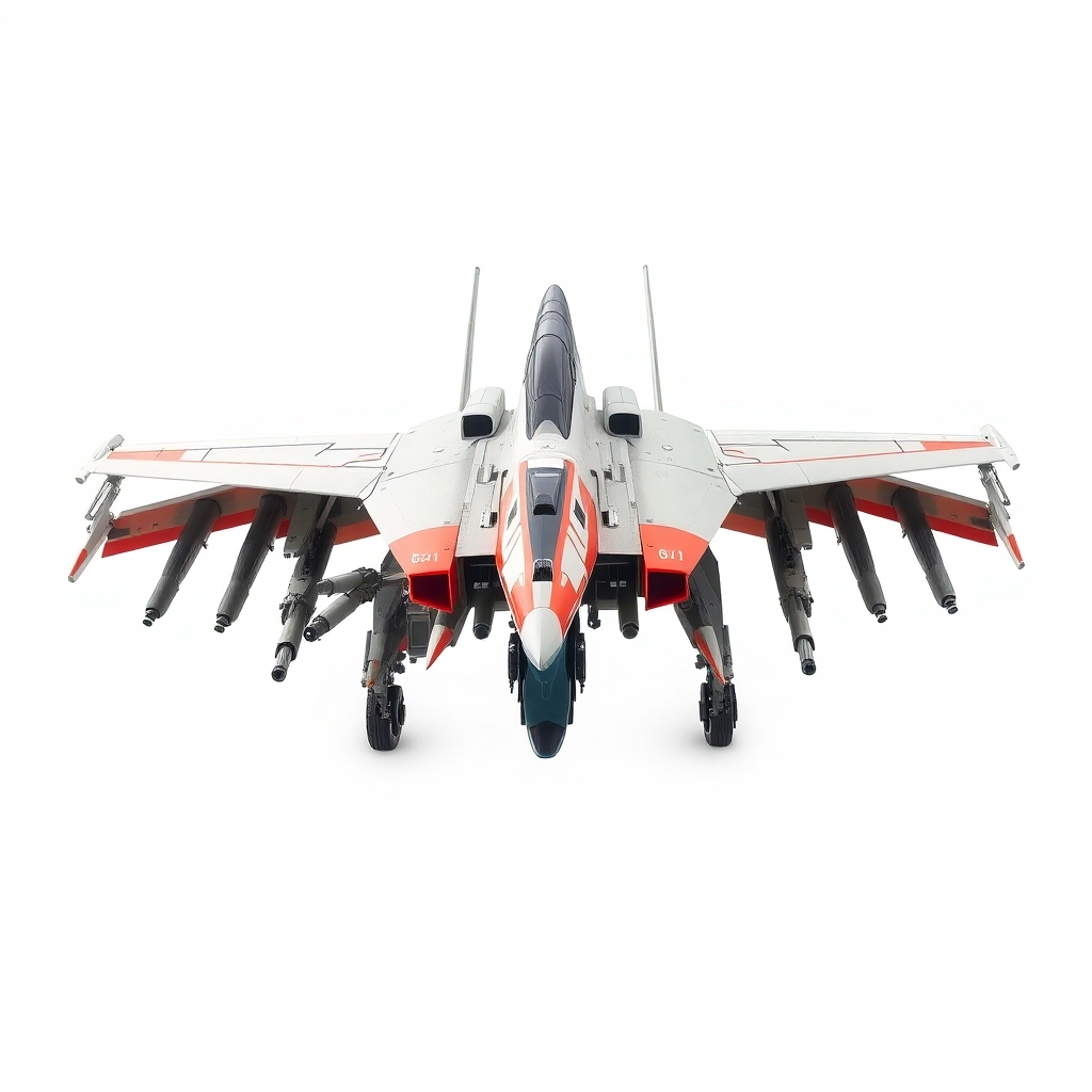 Chinese, Chengdu J-20 style, symmetrical, Macross Valkyrie, Gerwalk Mode, with arms & GU-11 Gun Pod,on a white background