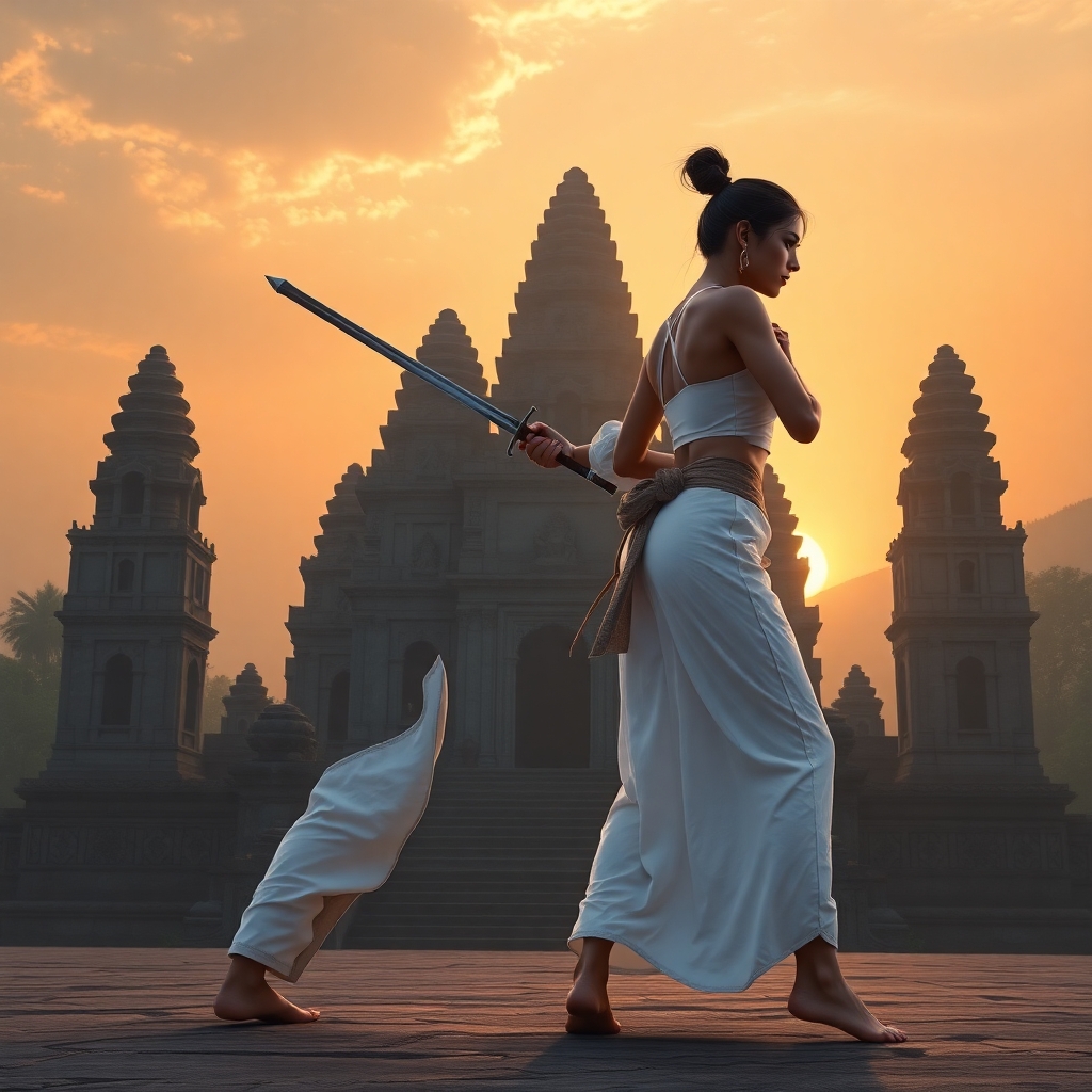 A fierce brazillian duellist woman wearing white shalwar trousers and a white yoga top, facing right, side view to the camera, legs planted in a wide stance, holding a japanese katana sword pointed to the right, in front of a huge stone cambodian-style temple, at dawn