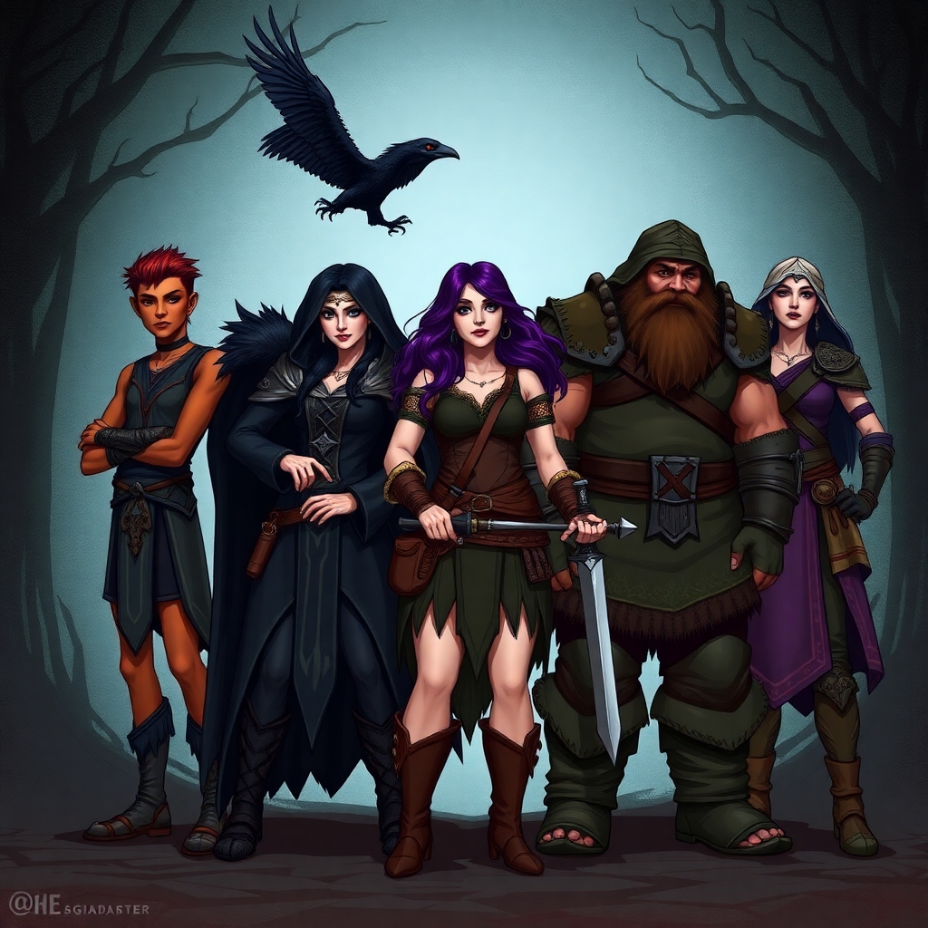A five member dungeons and dragons adventuring party consisting of: A red-skinned thin male elven bard, an adrogynous female half-elf cleric/warlock with a shadow raven familiar,  a curvy female half-elf warlock with purple hair, a short and wide male dwarven ranger, and a very tall male half-giant barbarian/paladin.
