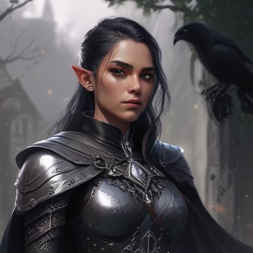 A 5E dnd character who is a half-elf cleric and warlock sworn to the mother of shadows. She wears chainmail, is slightly androgynous, and has a ghostly raven familiar.