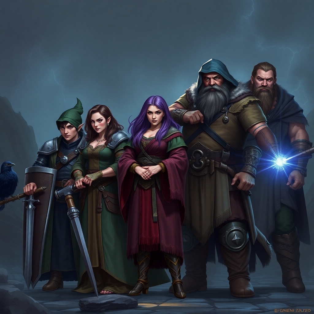 A five member dungeons and dragons adventuring party consisting of: A red-skinned thin male elven bard, a thin adrogynous female half-elf cleric/warlock wearing chainmail with a shadow raven familiar,  a curvy female half-elf warlock with purple hair wearing robes, a short but wide male dwarven ranger, and a very tall male half-giant barbarian/paladin.