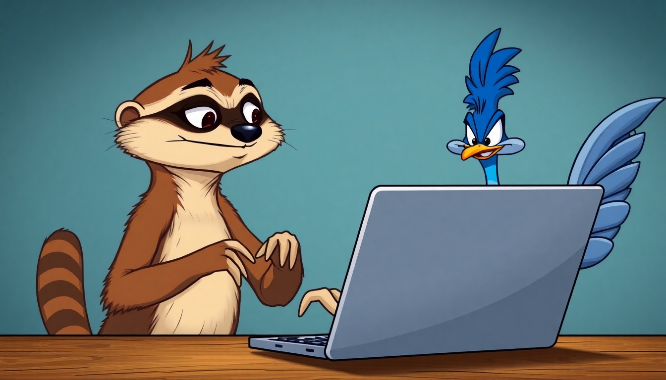 A sloth typing on a laptop while the Road Runner stands behind him looking impatient