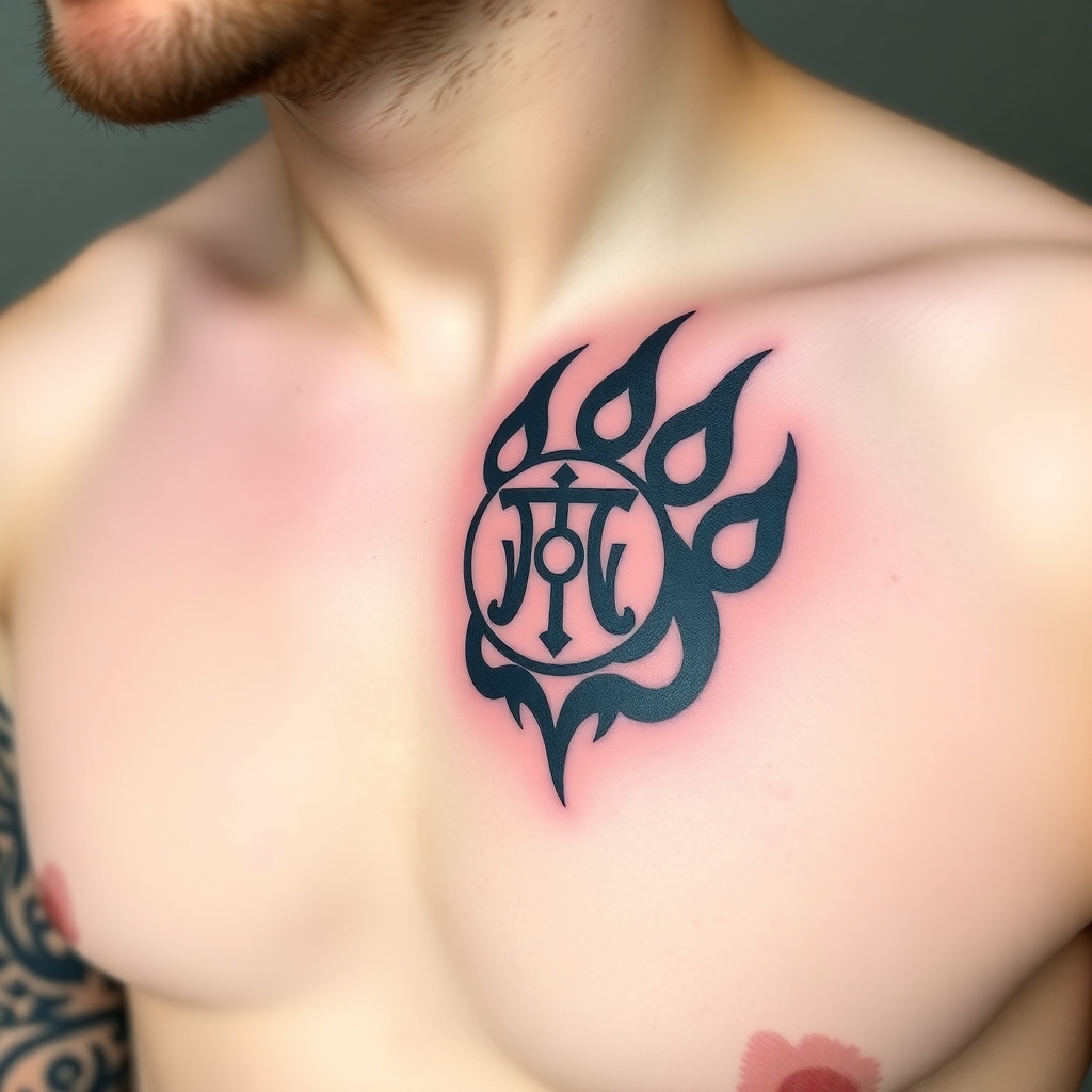 A German Celtic  bear paw tattoo on the right front pec  with a Gemini symbol in the center