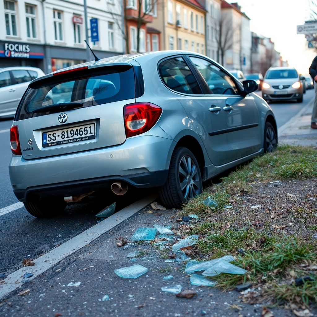 A small car crashed on the roadside after a minor accident, with glass shards on the ground, urban street in Germany