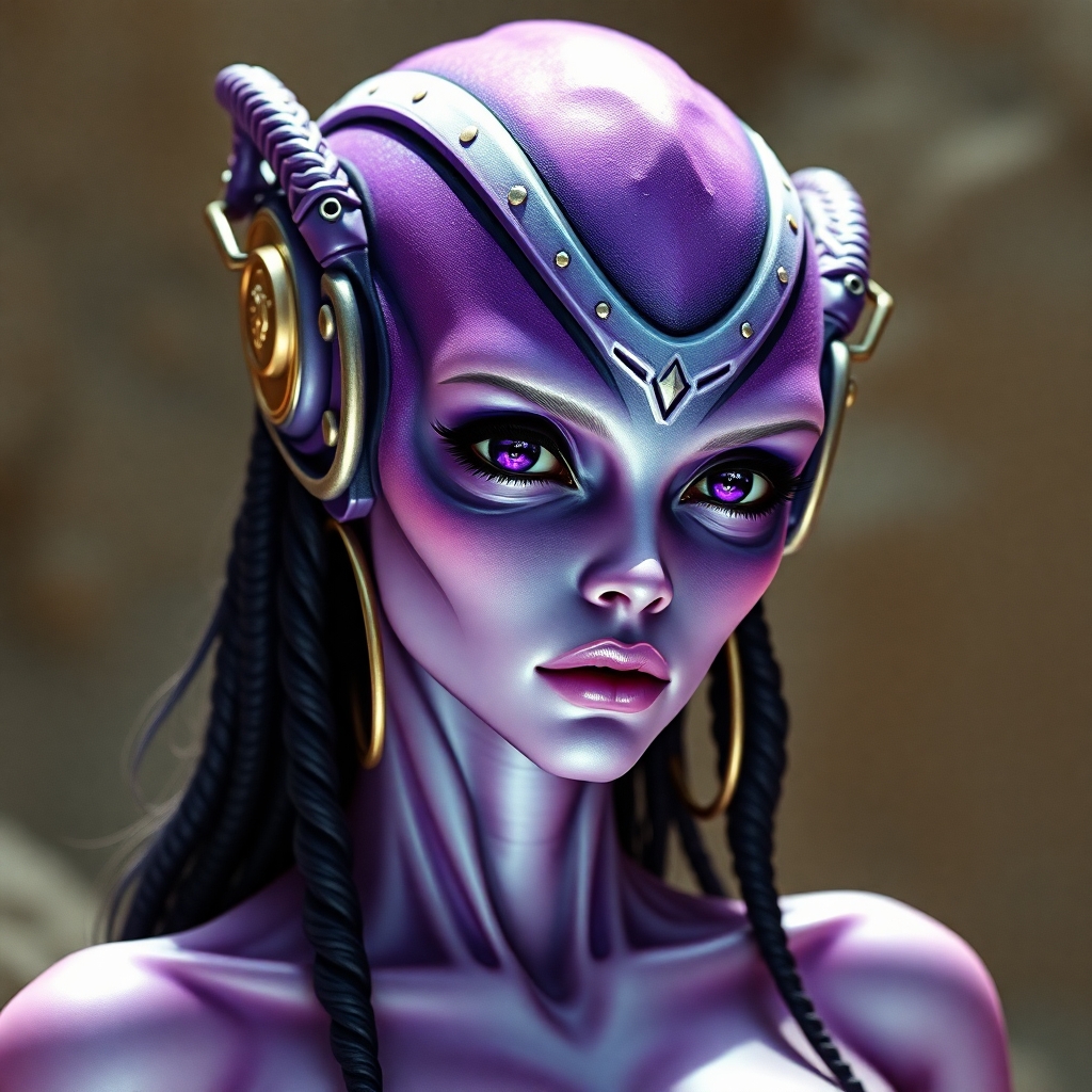 Create an incredibly sexy purple alien science fiction space girl