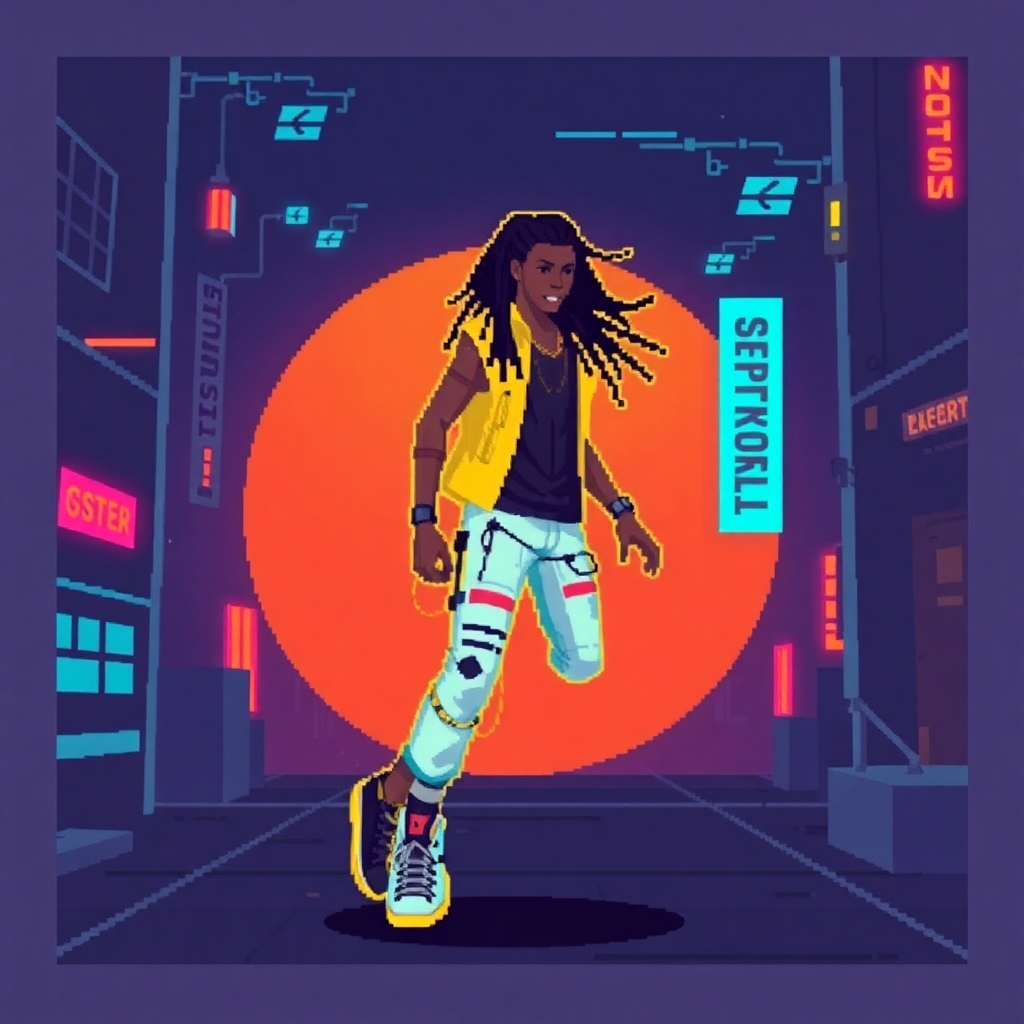 Generate a 16 bit pixel tileset of a 2d cyberpunk male with dreadlocks. TIleset should include a walking, running, jumping, and standing animation.