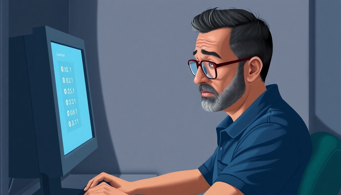 A man with black hair and a thin beard, both going grey, tan skin, wearing glasses and a blue pocket polo shirt, is sitting at a computer terminal in a narrow booth sweating while he is attempting to answer a multiple choice question on the screen