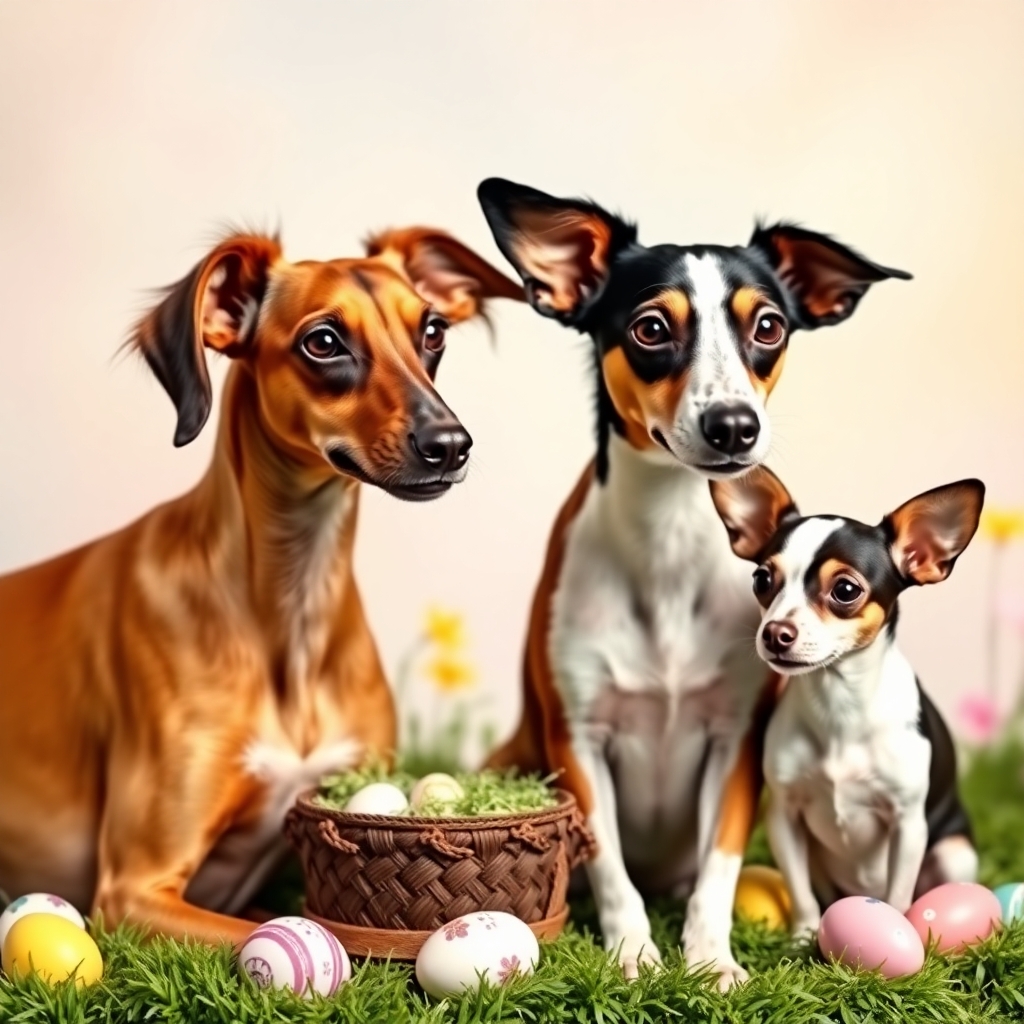 2 Saluki dogs. One fawn and one black, tan and white, and one cram and fawn Chihuahua in an Easter themed photo