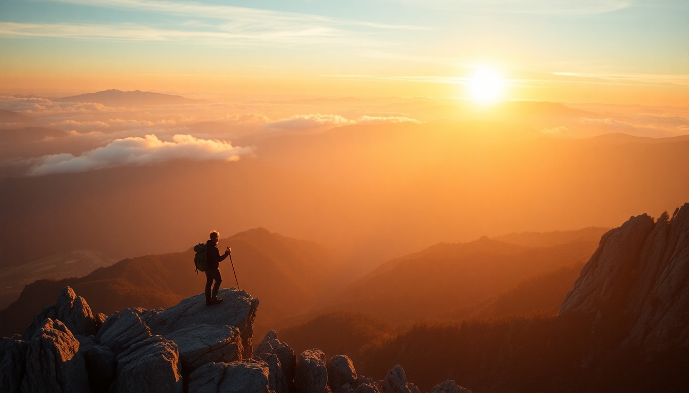 (((Fine art photography:1.8))), ((cinematic film:1.8)), (grainy Polaroid aesthetic:1.4), ((realistic skin texture:1.9)), ((volumetric light:2.0)), (((warm backlight:1.8))), ((dynamic shadows:1.6)) A breathtaking mountain landscape at sunrise, featuring a solitary hiker standing on the edge of a rugged cliff. The view captures an expansive range of rolling hills and peaks in the background, cloaked in a soft layer of morning mist. Warm golden rays of sunlight burst through the clouds, illuminating the scene and creating dramatic contrasts between light and shadow. The foreground showcases jagged rock formations, highlighting the rough terrain and adding depth to the composition. The atmosphere feels serene yet invigorating, embodying a sense of adventure and solitude. The color palette transitions from deep blues and purples in the shadows to vibrant yellows and oranges where the sunlight touches. This composition is suggestive of exploration and connection with nature, recalling the style of classic landscape painting with a modern touch. Ideal for evoking feelings of inspiration and tranquility.