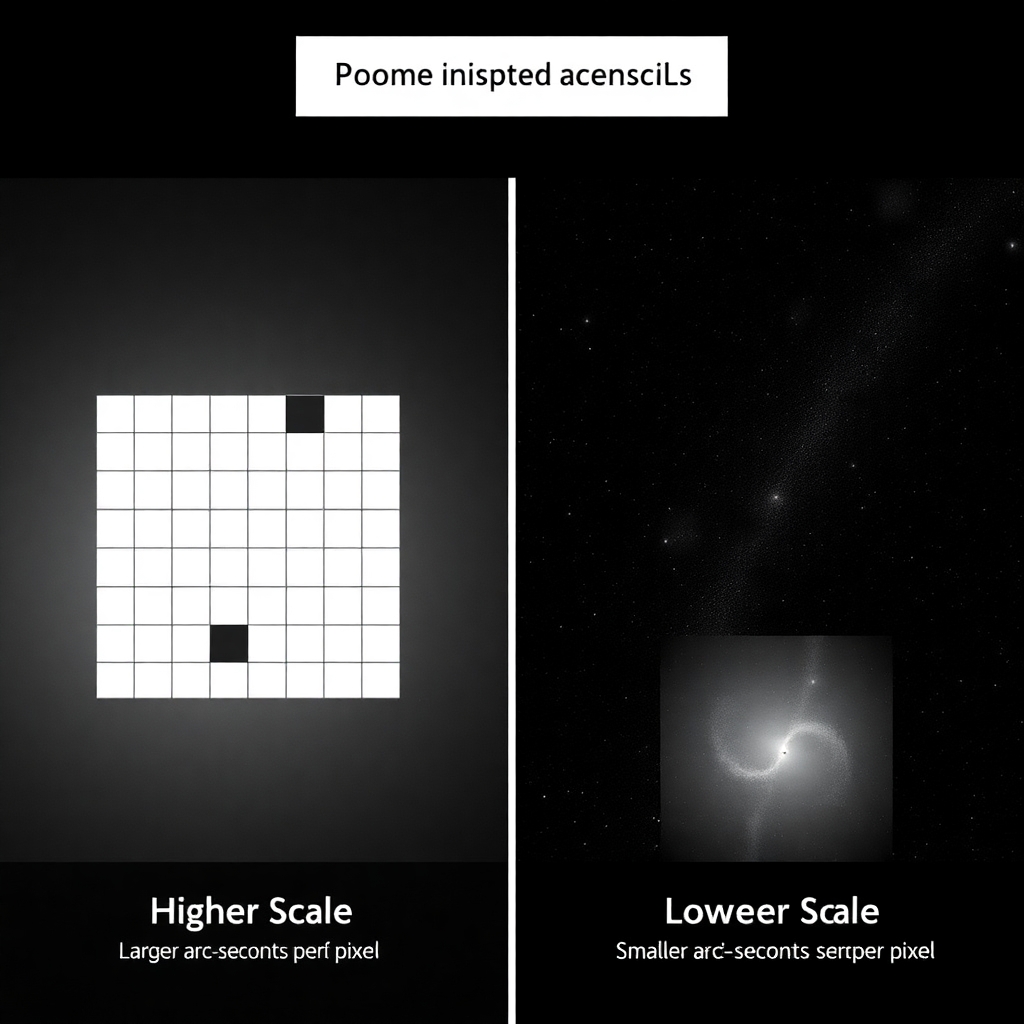 Create a Black and White image that that demonstrates image scale, resolution, and detail as a side-by-side images showing the effect of different image scales:  - **Image A (Higher Scale)**: Show a grid with larger squares (pixels) covering a wider area of the sky. Label it as having a **larger arc-seconds per pixel**.  - **Image B (Lower Scale)**: Show a grid with smaller squares (pixels) covering a smaller area of the sky. Label it as having a **smaller arc-seconds per pixel**.