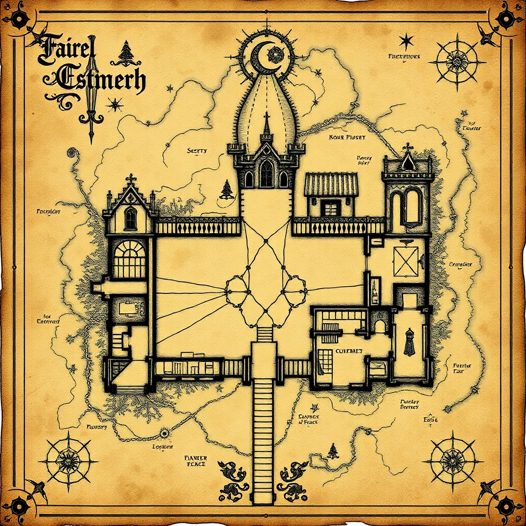 An ancient a weathered map of a gothic estate from the Metzinger family. The map should include secret doors, traps and secrets. The map should appear old, faded and hand drawn in a comic gothic style as if pages of an old journal. The map should be like that of a floor plan of the first floor of the mansion of estate.
