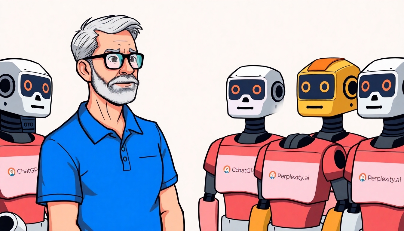 A man is wearing a blue polo shirt with slightly gray hair, a short beard, and glasses is scolding a group of robots. Each robot has a t-shirt with one of the following logos: ChatGPT, Copilot, or Perplexity.ai