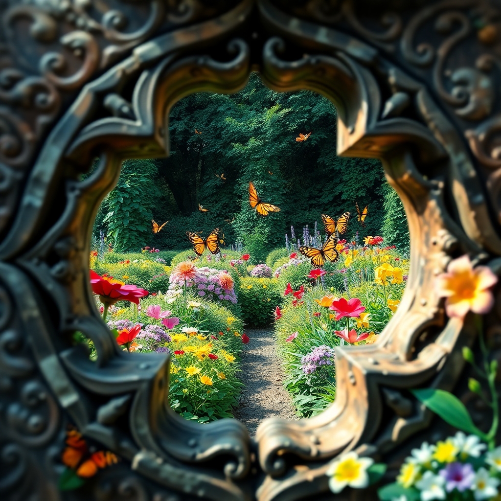 A mesmerizing photograph  with the vibrancy of a garden. The intricately designed keyhole frames a harmonious blend of colorful flowers and lush foliage, creating a captivating landscape within its confines. The garden comes alive with dancing butterflies, adding a touch of whimsy and movement to the serene scene. This enchanting fusion of geometric shapes and thriving nature ignites curiosity and wonder, inviting viewers to delve into the hidden mysteries hidden within the depths of this magical world. The photgraph, showcting beauty and allure of this captivating garden.