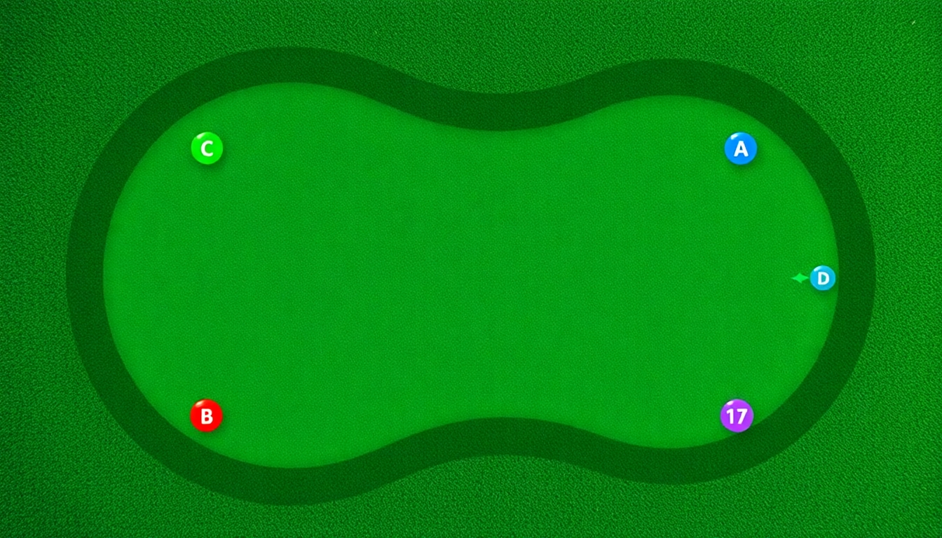 Prepare a backyard putting green shaped in a figure 8 diagram. Full-page landscape layout.  Rounded putting green with subtle shading/texture.  Cup A labeled in red 🔴placed on green bottom left of diagram, Cup B labeled in blue 🔵 placed in top on green left of diagram , Cup C labeled in green 🟢placed on green in top right of diagram, Cup D labeled in purple 🟣placed on green in bottom right of diagram.  Each tee marker labeled with the following numbers 1,2,3,4,5,6,7,8,9,10,11,12,13,14,15,16,17, and 18 placed around the perimeter.  Arrows (straight slightly curved) pointing toward cups.