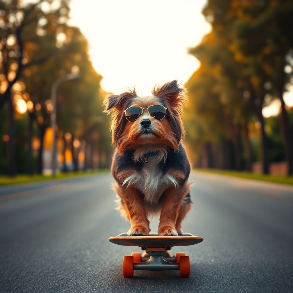 a havanese dog riding a skateboard on a long street with trees left and right of the road. wearing sunglasses